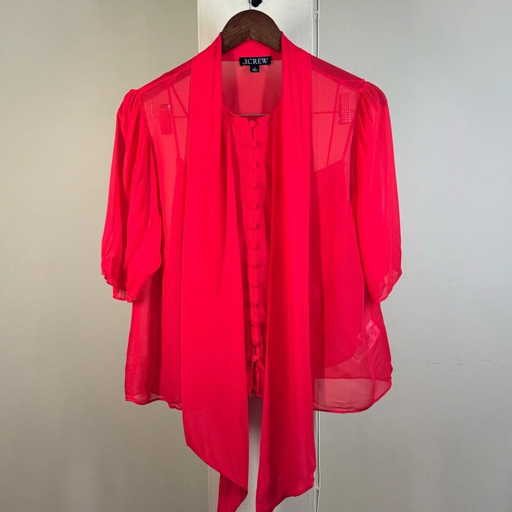 NWOT. J. Crew Tie-neck button-up top in sheer chiffon - Picture 2 of 7